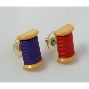 VTG Sewing Spools of Thread Earrings Acrylic Purple Red Tailor Seamstress Cute!